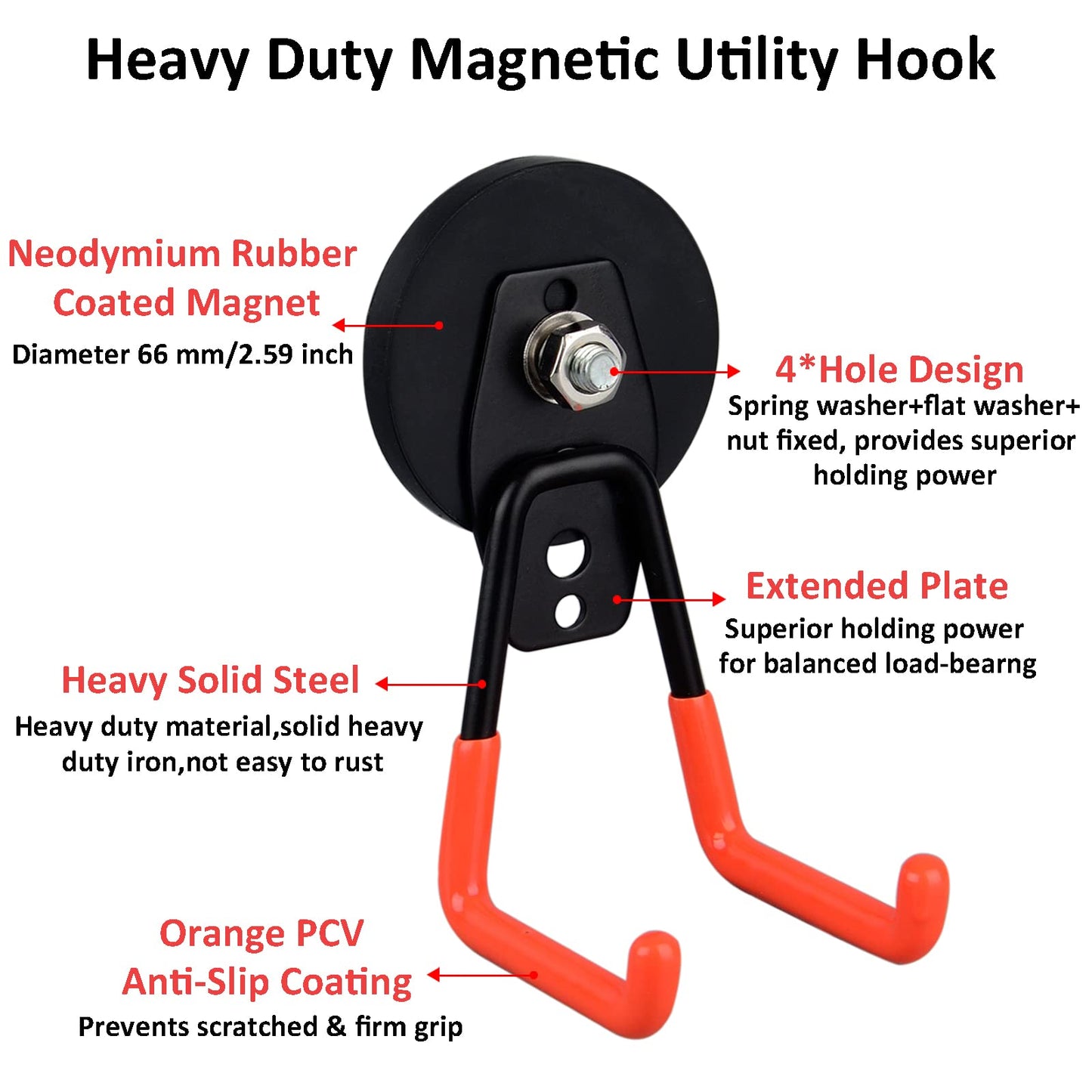 ULIBERMAGNET Heavy Duty Magnetic Garage Hooks,Strong Large Magnet Hooks for Power Drill,Garden Tools,Hose,Pegboard,Garage, Workshop,2 Pack Magnetic Storage Holder for Indoor Outdoor Hanging(Orange)