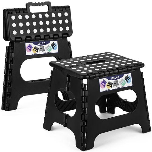 Delxo Folding Step Stool 11 Inch 2 Pack, Black Non-Slip Foldable Stools for Kids & Adults Up to 300 LBS, Step Stool with Handle, Lightweight for Kitchen/Bathroom/Bedroom/Garden