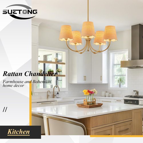 SUETONG Boho Rattan Chandelier, Antique Brass Farmhouse Chandeliers, 5-Lights Coastal Pendant Light Fixtures for Dining Room Kitchen Island Living Room