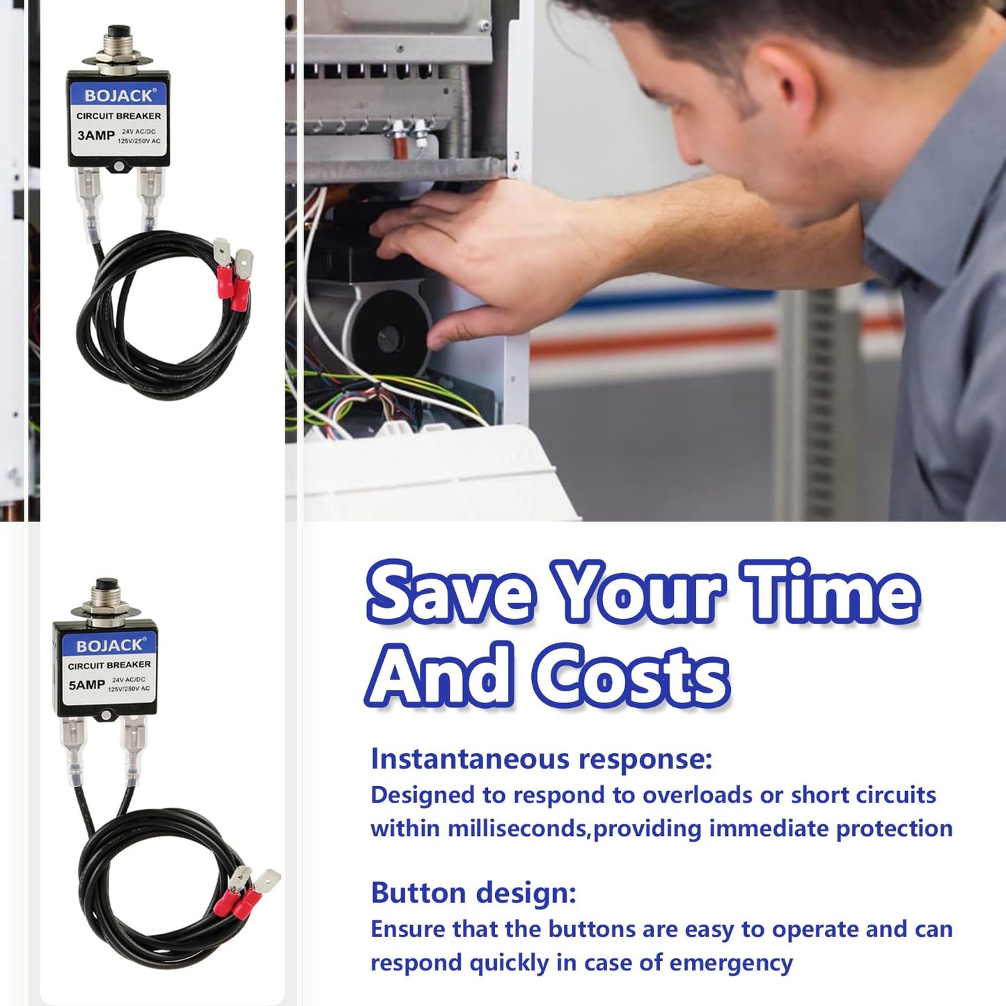 BOJACK 3 Amp 5 Amp Resettable Fuse HVAC Tools Circuit Tester for Circuit Breaker 24V AC/DC & 125/250V AC