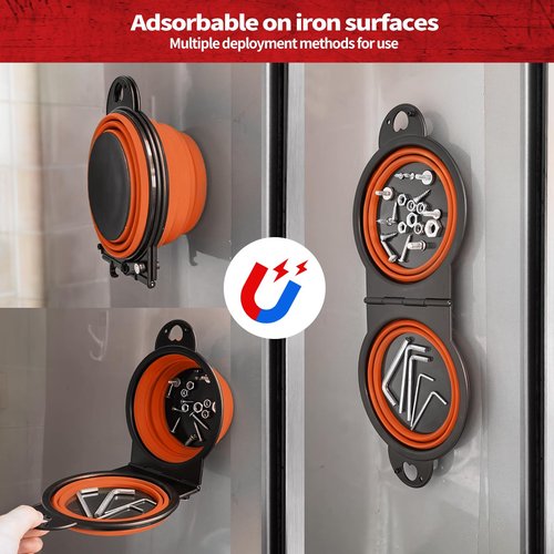 Collapsible Magnetic Parts Tray Set, Foldable Magnetic Trays, Integrated 5.1" Round Dual Silicone Bowls, Multi-Use Nuts And Bolts Organizer, Bonus Hanging Hook for On-the-Go Carry(Orange)