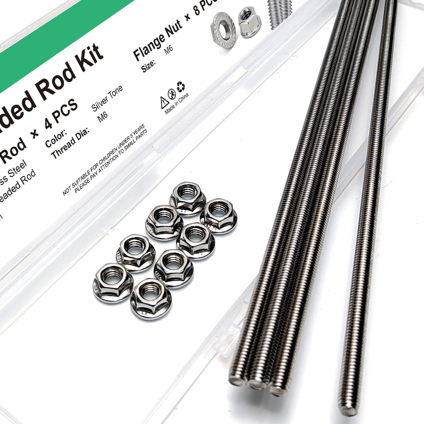 M6-1.0x250mm Fully Threaded Rod Studs, 304 Stainless Steel Long Threaded Screw Right Hand Threads, 4 Pack
