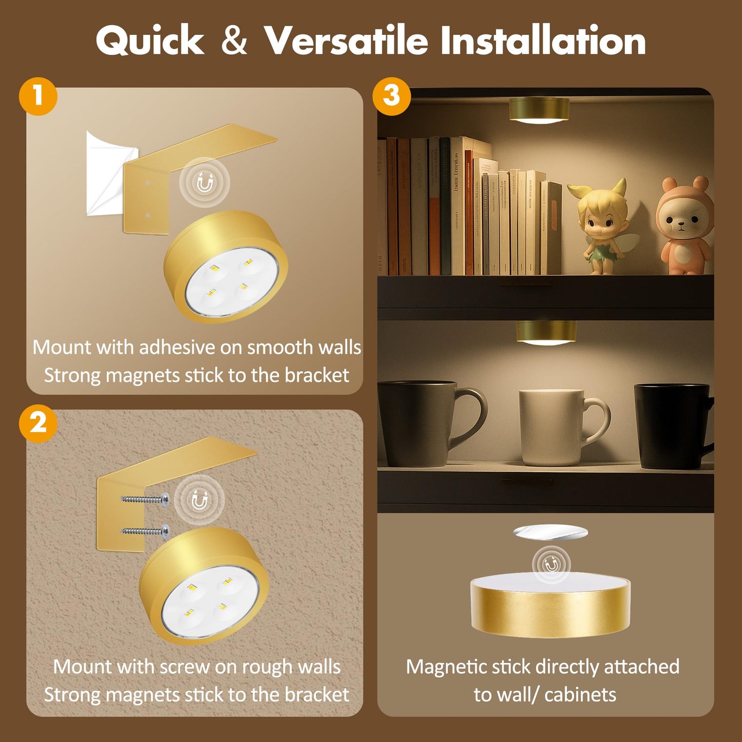 3Pcs Battery Operated Picture Light, Magnetic Led Painting Light with Remote Dimmable and Timer, 3 Lighting Modes Art Display Light for Picture Frame Paintings, Wireless Wall Decor Puck Lights, Gold