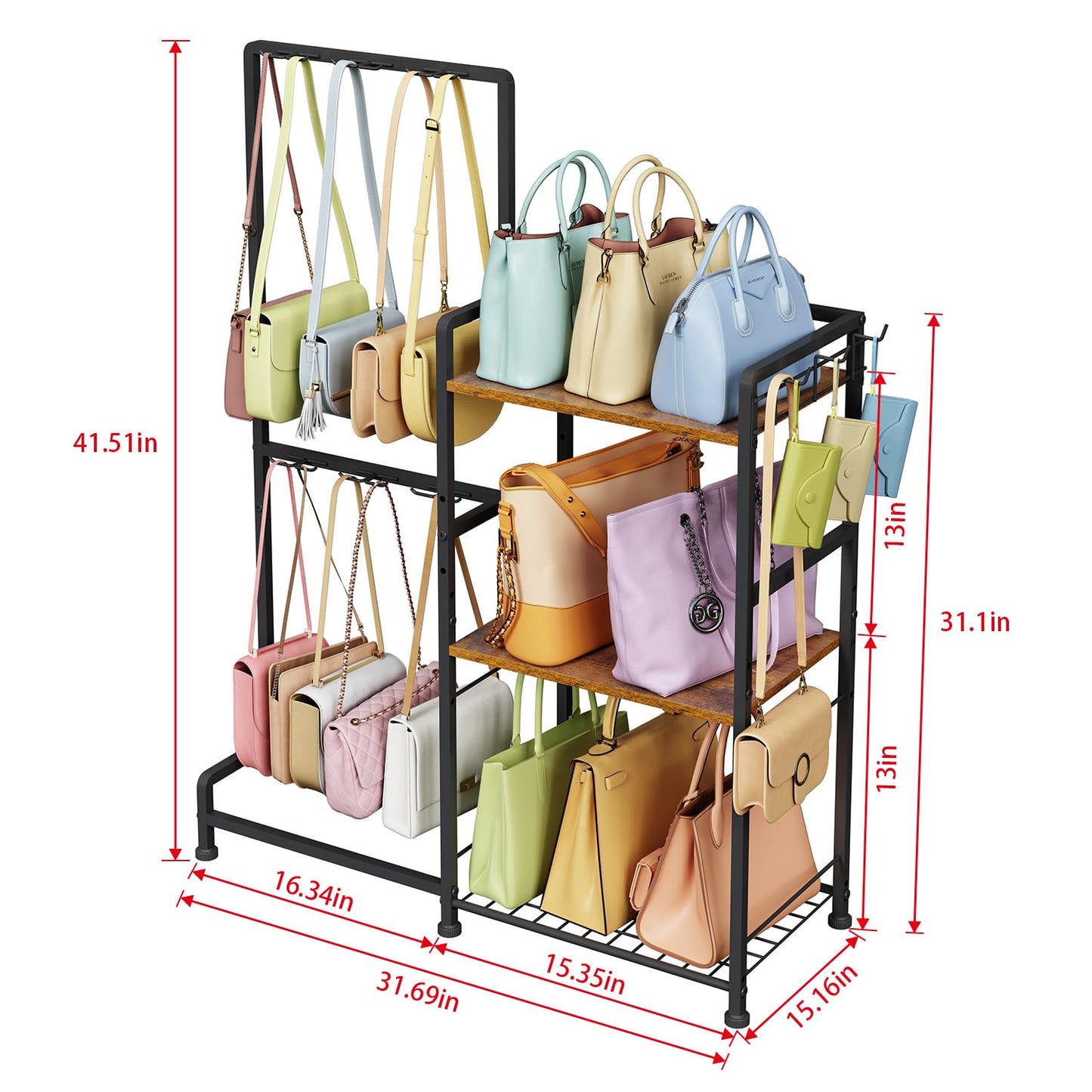 Purse Storage Organizer for Women, 3-Tier Max Purse Storage Stand Rack Holder & Bag Shelf for Closet,12 Fixed Hooks& 3 Side Hooks,Keeping Purses Visible,Purse Display & Bag Organizer for Various Bags