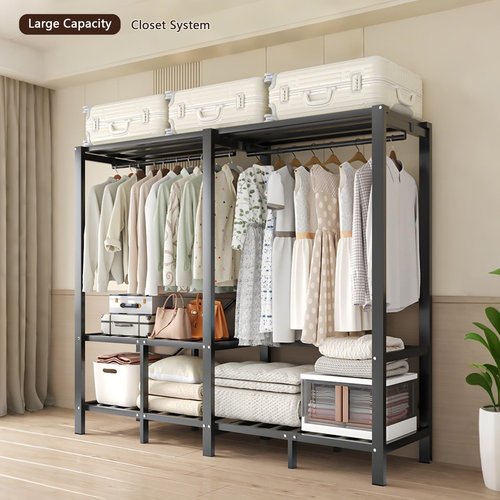 YDEHUEAD 59in/4.9ft Foldable Portable Wardrobe Closet with Cover, Heavy Duty Clothing Rack for Hanging Clothes has 59in Vertical Storage Space, Metal Garment Rack for Bedroom Armoire (g, L:59.05")