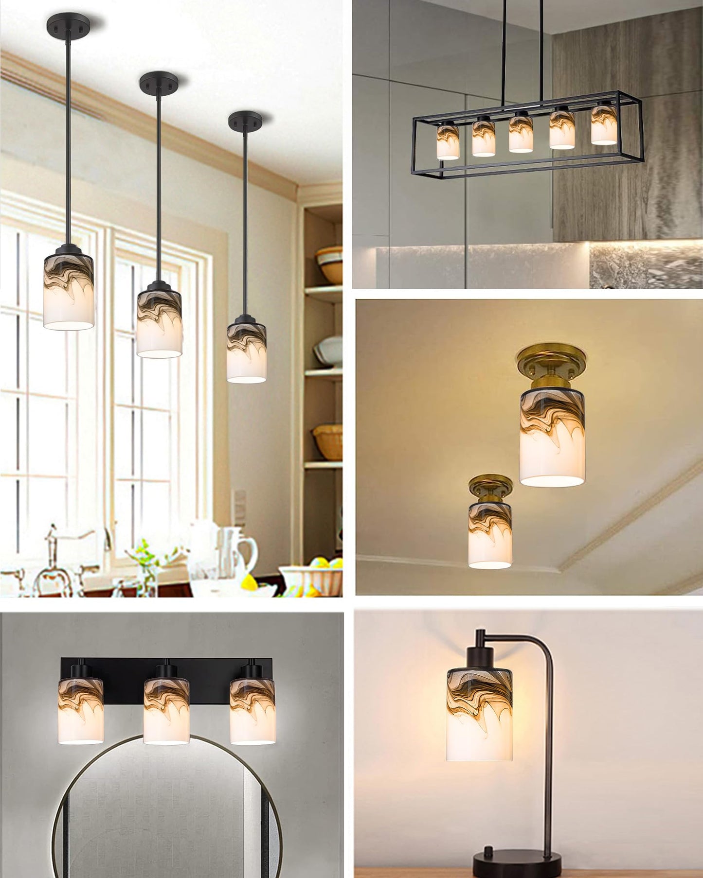 3P Cylinder glass Lampshades for Wall Sconce Light Cover Blown Art Glass Ceiling Fan light Cover Globe Replacement Fixture for Vanity Light Shade1.65in fitter Height5.74 in Grey marble