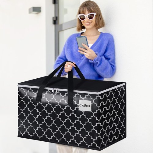 HomeHacks Heavy Duty Moving Bags with Tag Pockets, Collapsible Storage Totes for Moving, Camping & Travel -Foldable Packing Boxes, Zipper Handles, Black（6 Packs, 88L）