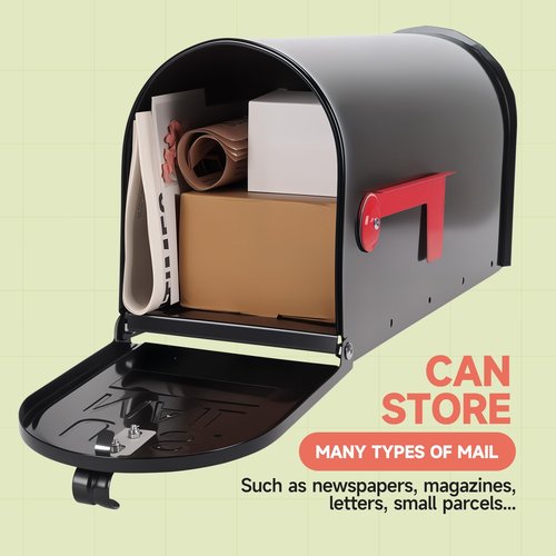 Zinovo Metal Post Mount Mailbox for House Outside,Galvanized Steel Medium Capacity Mail Box with Red Flag,Modern Weatherproof Mail Boxes,Black Residential Mailboxes,18.8 x 9 x 6.7 inches