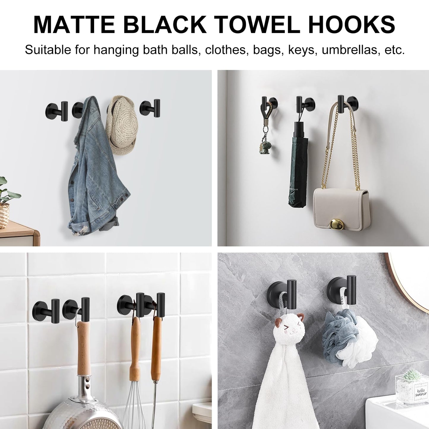 SetSail Towel Hooks for Bathrooms 4 Packs Screw-in Matte Black Bathroom Towel Hook Wall Mounted Stainless Steel Shower Towel Hooks for Coat Hanging, Drill Hole