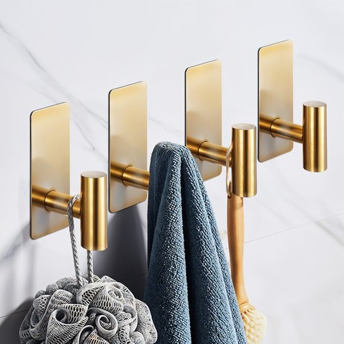 YUXIANLB 2 Pack Heavy Duty Stainless Steel Wall Hooks Brushed Gold Waterproof Adhesive Hooks for Bathroom Kitchen Bedroom Garage Boat Outdoor Use Strong Sticky Hook for Towels Coats Hats