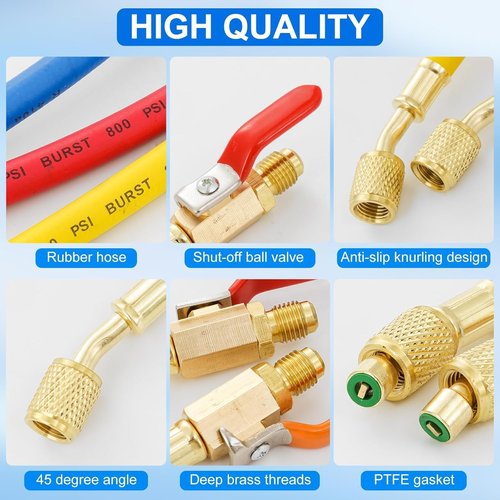 R134A R410A R22 R12 AC Charging Hoses, 7" Length Charging Hose Ball Valves, 3 Colored Coded Hose, HVAC Ball Valve Hoses Red and Blue 1/4 Male x 5/16 Female,Yellow 1/4 Male and Female