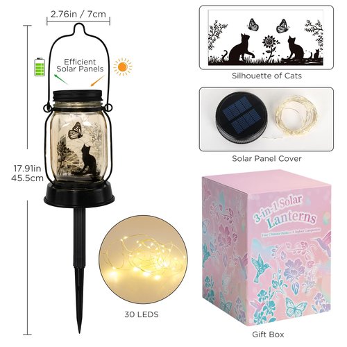Cat Solar Lanterns Cat Gifts for Women Men Cat Lovers Gifts Hanging Cat Lanterns with Stake for Yard Lawn Garden Decor Black Cat Lantern Torches
