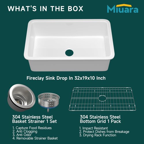 Miuara White Undermount Kitchen Sink 32 Inch - Topmount Fireclay Bar Sink Drop In 32"x19"x10", Dual Mount, Single Bowl, with 2 Custom Accessories, Glossy White, for Kitchen