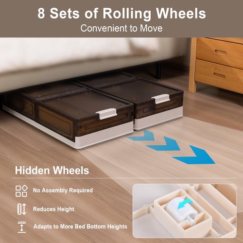 TlaroRiz Plastic Under Bed Storage 58QT/14.5Gal Flat Underbed Storage Containers with Lid and 8 Rolling Wheels Folding Stackable Under Bed Organizer Boxes for Clothing Blanket Shoes Books,1 Pcs
