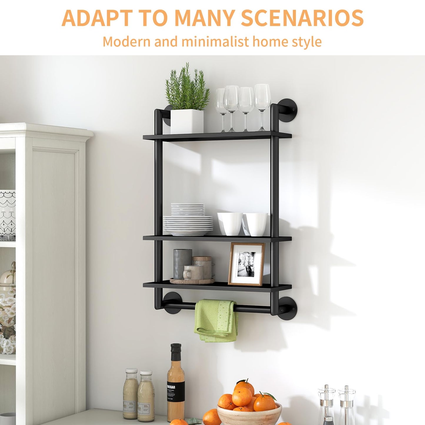 Bathroom Shelves Wall Mounted, 3 Tier Towel Racks with Towel Bar, 26in Stainless Steel Floating Pipe Shelves Over Toilet, Wall Shelves for Bathroom Laundry Room Kitchen Storage