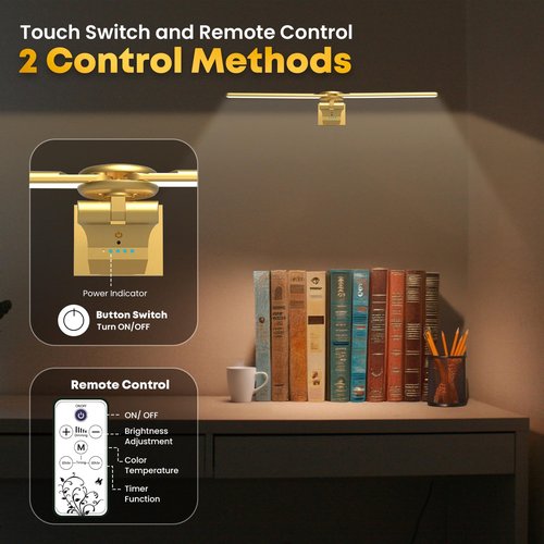 doublacy 2 Pack Picture Light for Wall, 18in Rechargeable Wall Art Light with Timer and Dimmable, Painting Frame Light with Remote Control Display for Painting, Frame, Portrait, Dartboard (Gold)
