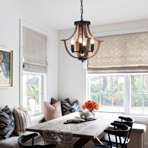 LAMPKEDUO Farmhouse Hanging Pendant Lighting, 4-Light Rustic Flush Mount Ceiling Light Fixture,Modern Faux Wood Vintage Chandelier for Dining Room Kitchen Island Foyer Hallway Entryway Bedroom