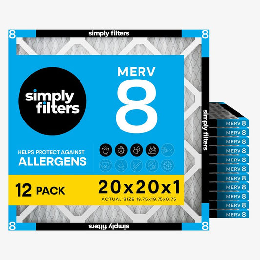 Simply 20x20x1 Air Filter, Merv 8, MPR 600, 12 Pack, Furnace Air Filter for HVAC (Actual Size: 19.75"x19.75"x0.75") DUST, Pet, & Allergy Control