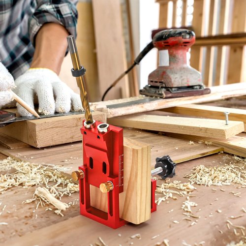 Hiceeden Adjustable Pocket Hole Jig Kit, Aluminum Alloy Pocket Screw Jig Tools Set with 15 Degree Joint Angle, Portable 3/8 Inch Hole System for Woodworking Hole Drill Guide, Red