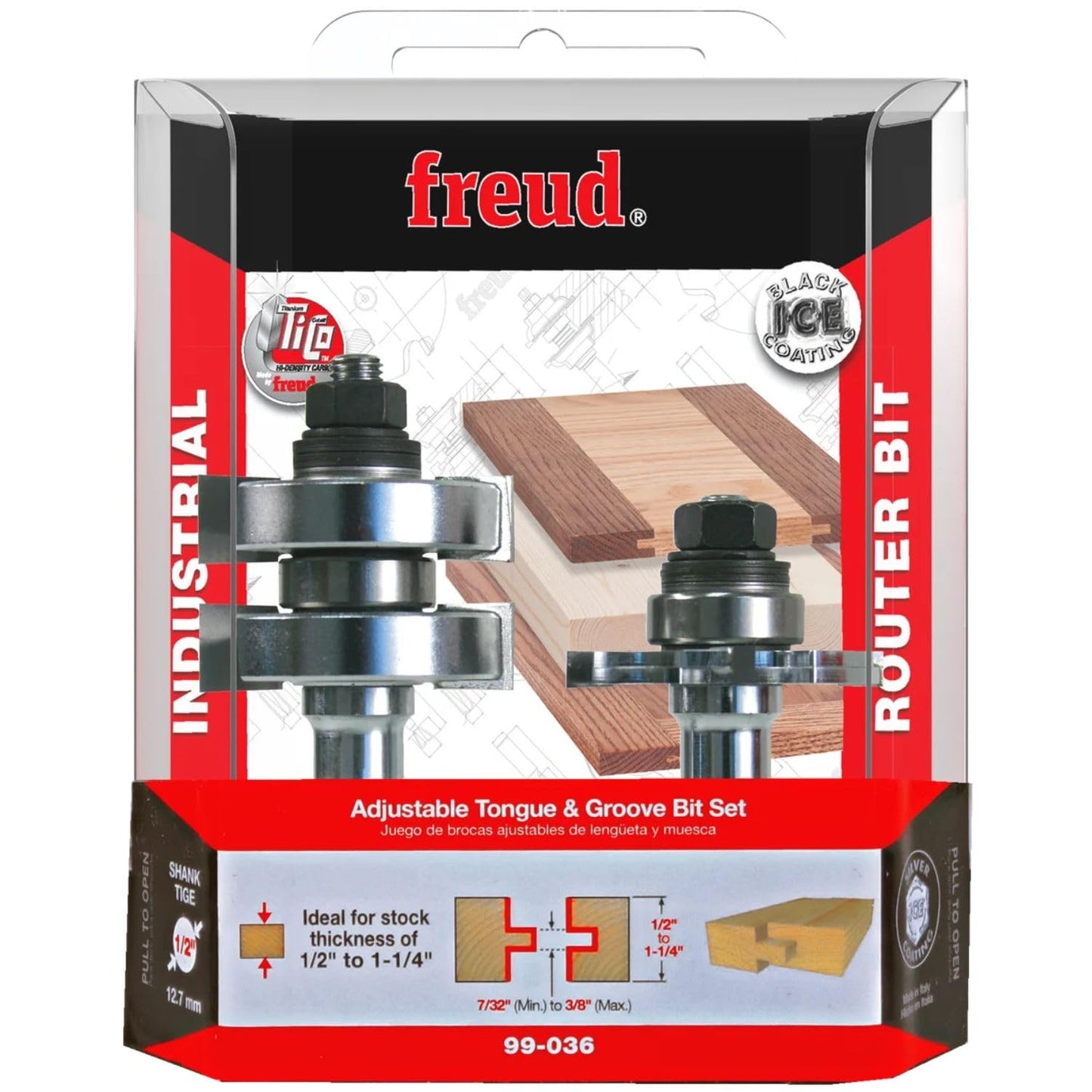Freud Adjustable Tongue & Groove Bit Set - Ideal for Joinery & Cabinet Doors - 1-3/4" Diameter, 1/2" Shank, .002" Adjustments Increments - 99-036