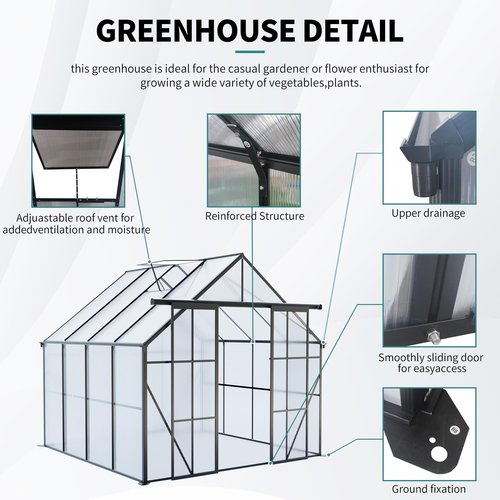 8x8 FT Outdoor Greenhouse, Heavy Duty Polycarbonate Green House with Raised Base and Double Sliding Doors, Aluminum Walk-in Greenhouses with Adjustable Roof for Outdoor Backyard, Black