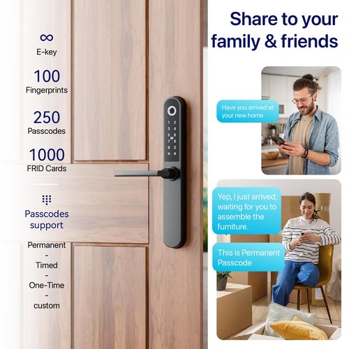 Smart Lock Fingerprint Door Lock Smart Deadbolt, Finger Print, Key Card, Keypad, App Control, Remote Lock/Unlock，Suitable for Metal Doors, PVC Doors with a Thickness of 40-90mm (Apollo RED)