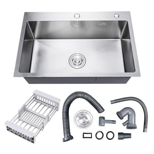 DuyviSteil 24 Inch Kitchen Sink Drop-in, Stainless Steel Top Mount Workstation Sink, Single Bowl Kitchen Sinks with Basket Strainer, D24"xW18"xH9" (Nano)