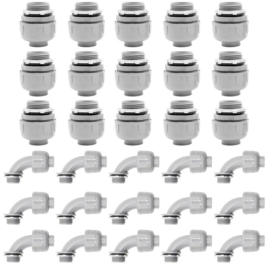 AIRTAK 30-Pack 3/4" Liquid Tight PVC Electrical Conduit Connectors, Flexible Fittings (15Pack of 90°& 15 Pack of 180°Angles).