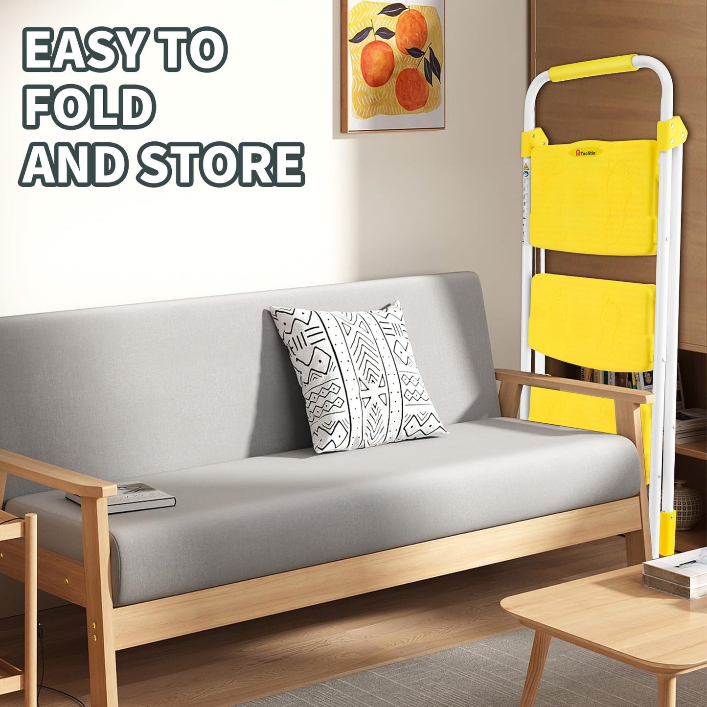 TOOLITIN 3 Step Ladder, Folding Step Stool with Wide Anti-Slip Pedal, 500lbs Sturdy Steel Ladder, Convenient Handgrip, Lightweight, Portable Steel Step Stool for Household, Kitchen, Office, Yellow