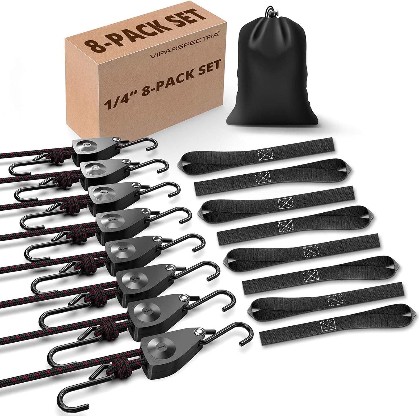 VIPARSPECTRA Retractable Heavy Duty Ratchet Tie Down Straps [4 Pack, 8ft, 75lbs/Pack], Rope Pulley System Rollers with Carabiner Hook for Kayak/Hanging Plants/Grow Light/Tents Various Tie-Down Uses