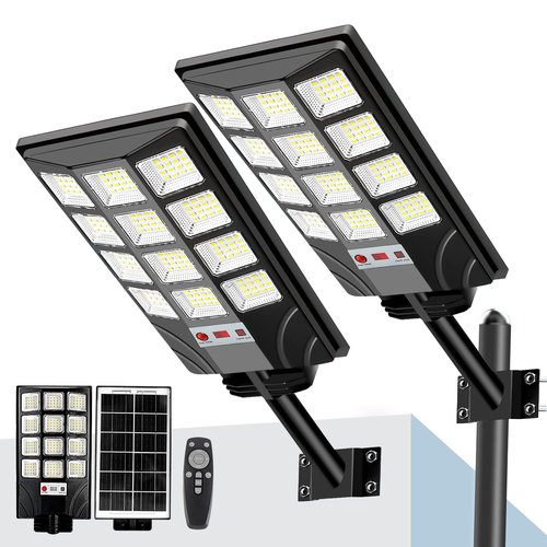 Solar Street Lights Outdoor Waterproof, 20000LM 6500K LED Motion Sensor Lights, Dusk to Dawn Solar Flood Lights with Remote, Solar-Powered Parking Lot Light, Commercial Area Lighting for Outside 2Pack