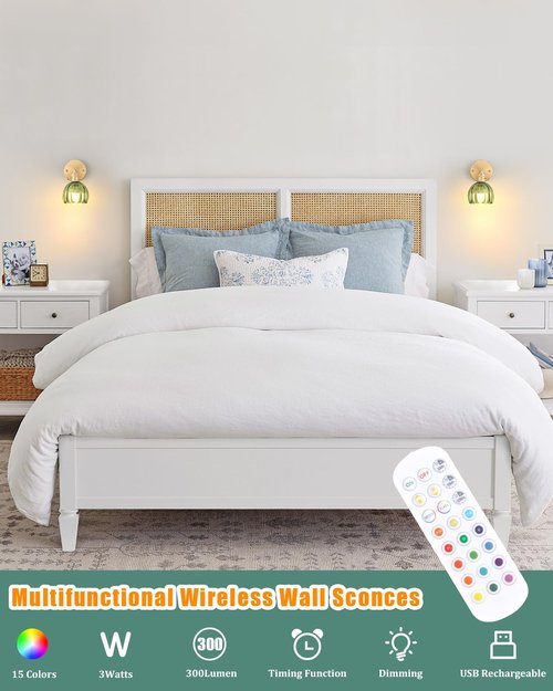 Shenmoyl Vintage Battery Operated Wall Sconce with Green Tulip Glass Lampshade Wireless Rechargeable Battery Powered Wall Light with Remote Control for Bedside Bedroom Doorway, Set of 2