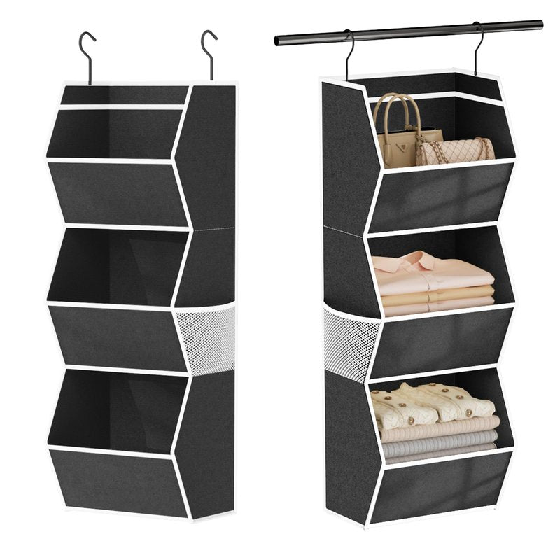 Hanging Closet Organizer 3 Shelf Collapsible Bedroom Closet Organizers and Storage Hanging with Mesh Pocket for Clothes, Closet Hanging Organizers and Storage for Fabric Wardrobe Space Saver, Black