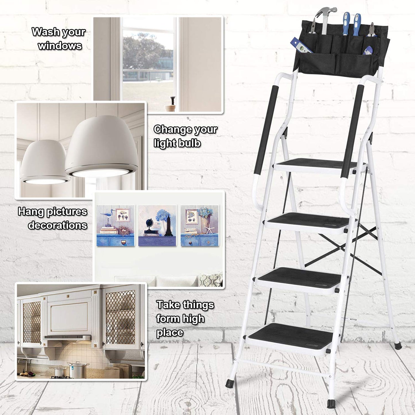 Wiberwi 4 Step Ladder with Handrails 500 lb Capacity Step Stool Folding Portable Ladders for Home Kitchen Steel Frame with Non-Slip Wide Pedal Stepladder with Attachable Tool Bag White