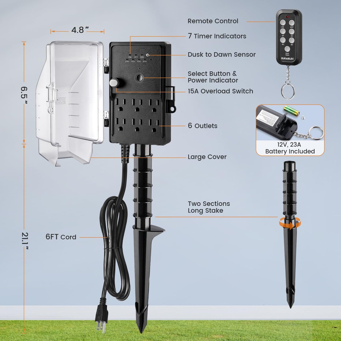 SURAIELEC Outdoor Power Stake Timer Waterproof, 100FT Wireless Remote Control, Photocell Dusk to Dawn Timer, 6 Grounded Plug Outlets, 6FT Extension Cord, for Halloween Decoration, Lights, Garden