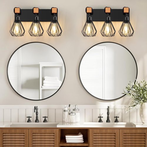 IZORRO Farmhouse Bathroom Vanity Light Fixtures, 3-Light Wood Bathroom Lighting Fixtures Over Mirror, Black Rustic Industrial Sconces Wall Lights with Metal Lampshade for Living Room, Bedroom