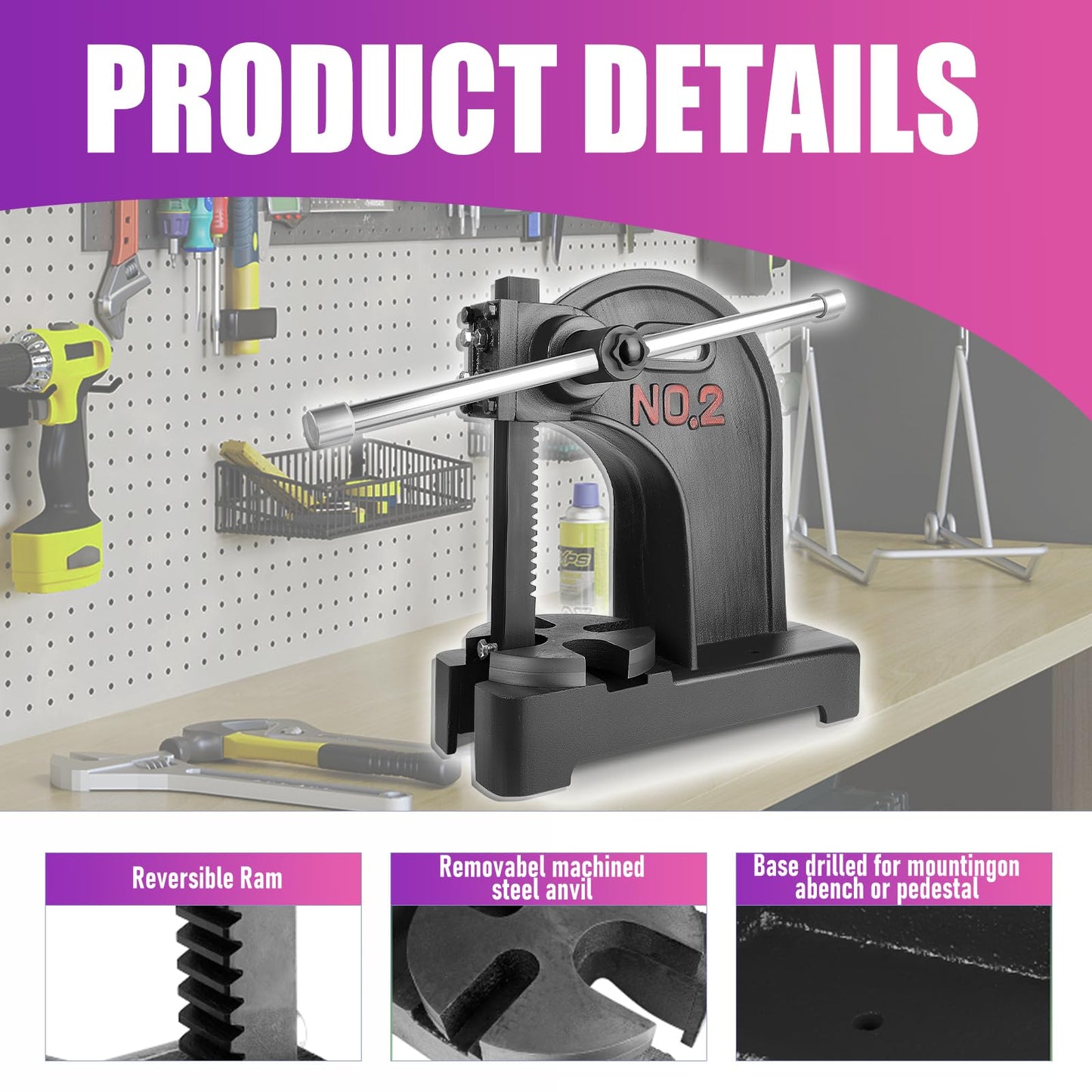 2 Ton Black Arbor Press‌, ‌Manual Arbor Presses‌ With 8.5" Height & 57.3 Lbs, Cast Iron ‌Manual Desktop Arbor Press‌ For Stamping/Bending