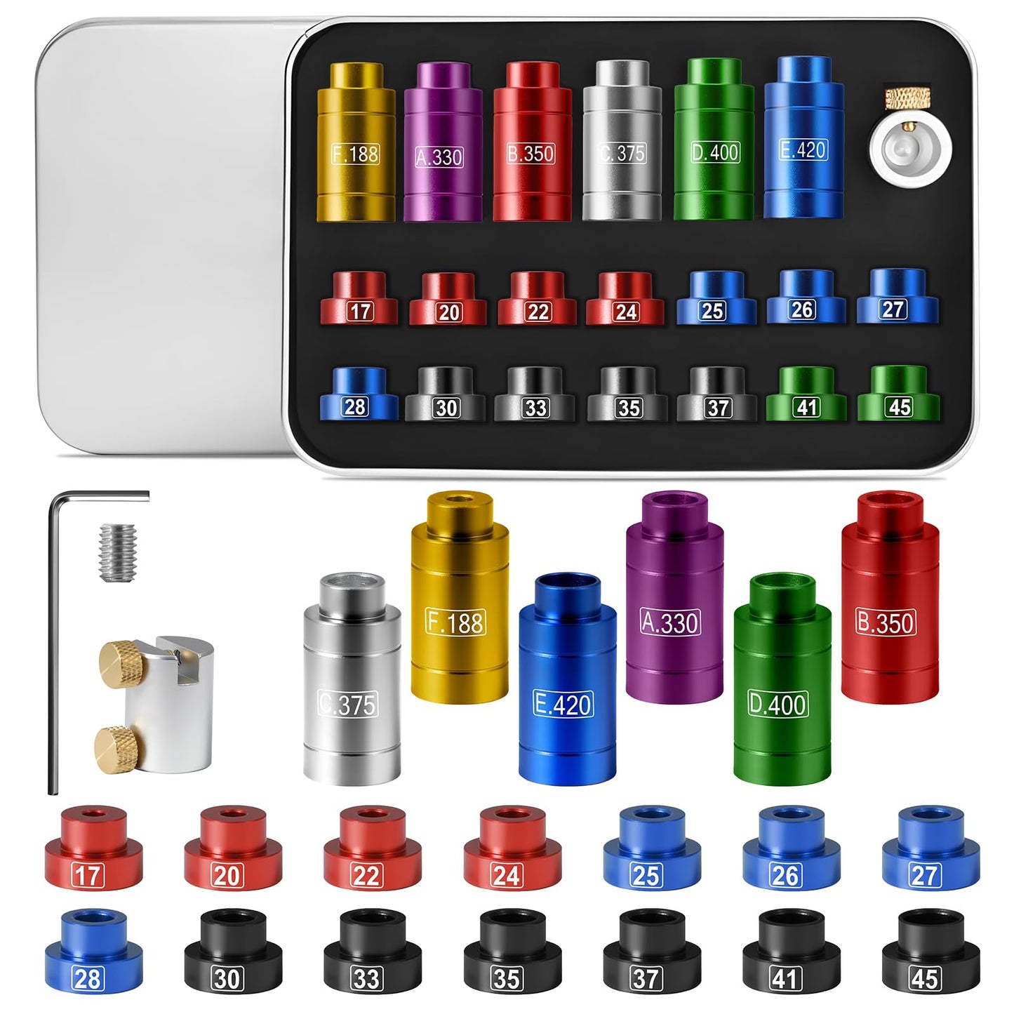 Hexola Bullet and Headspace Gauge Comparator Kit with 14 Inserts & 6 Bushings, Headspace Comparator Kit for .17 to .45 Caliber, Reloading Supplies and Equipment and Reloading Tool with Tin Case