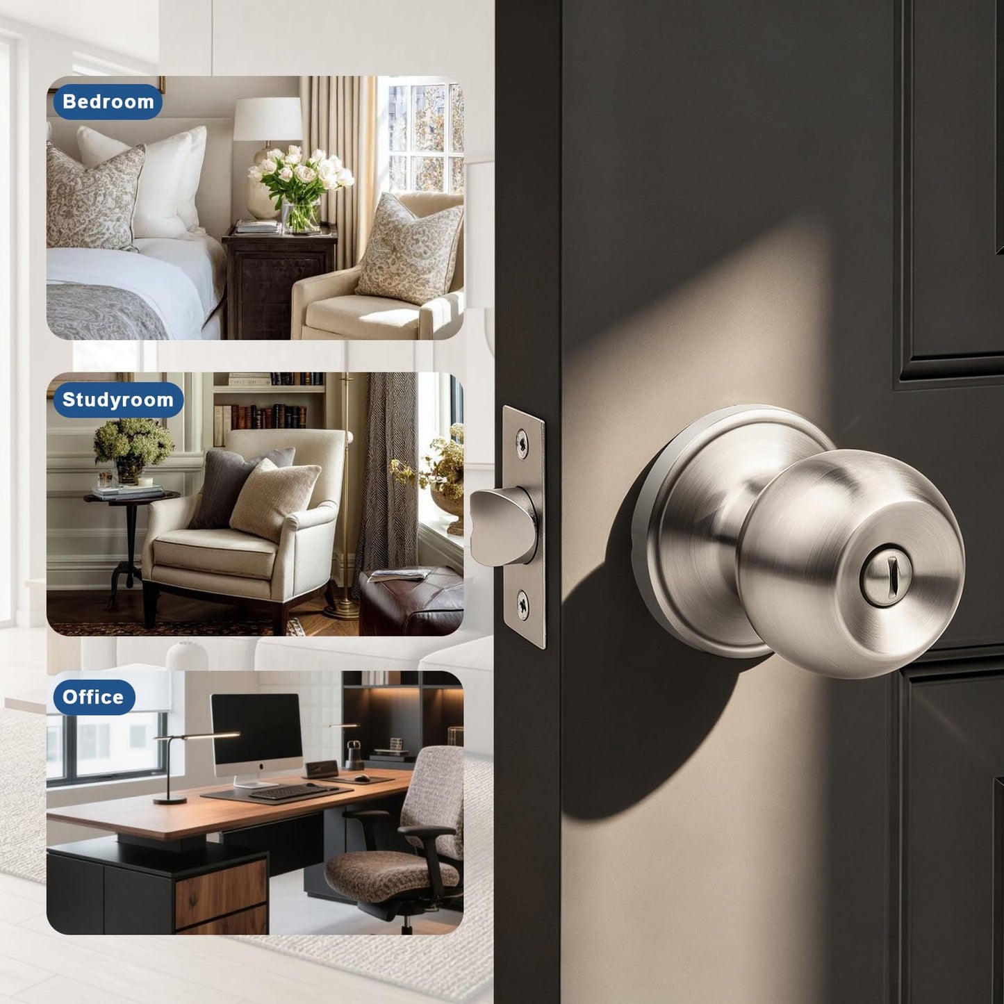 Knobonly 2 Pack Privacy Door Knobs Satin Nickel, Keyless Door Knobs Interior for Bedroom and Bathroom, Round Door Handles Stainless Steel, Classic Design