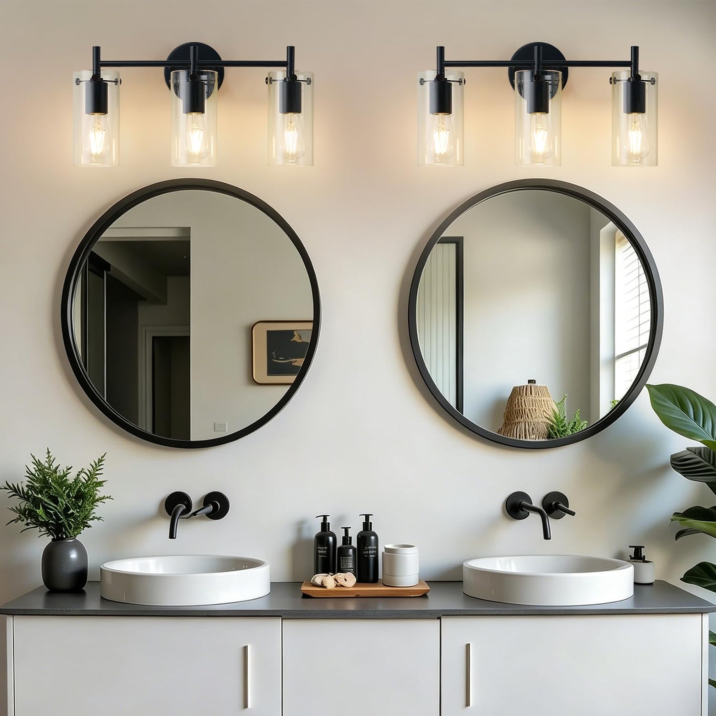 Indoi Bathroom Light Fixtures, 3-Light Matte Black Vanity Light, Black Bathroom Lights Over Mirror with Clear Glass Shade, Wall Sconces for Mirror Bedroom Living Room Hallway