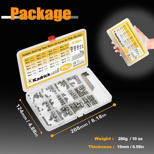 Kadrick 304 Stainless Steel Screws, 275 Pcs Metric Set Screws M3-M8, 3mm-16mm Lengths