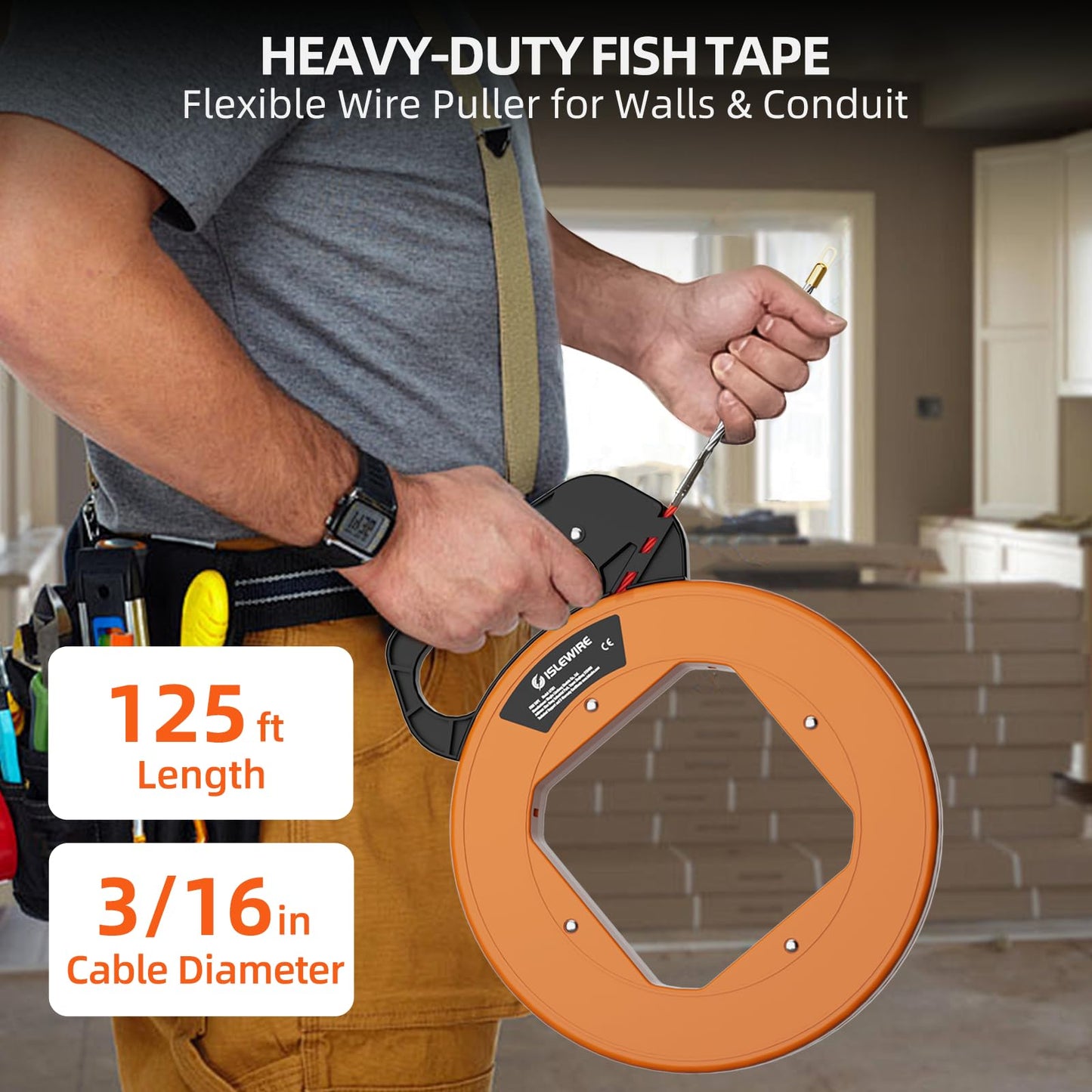 islewire 125 ft Electrical Fish Tape, 3/16-inch PET Wire Puller with Optimized Housing and Ergonomic Handle, Flexible Non-Conductive Cable Puller Tool with Steel Leader for Walls and Conduit