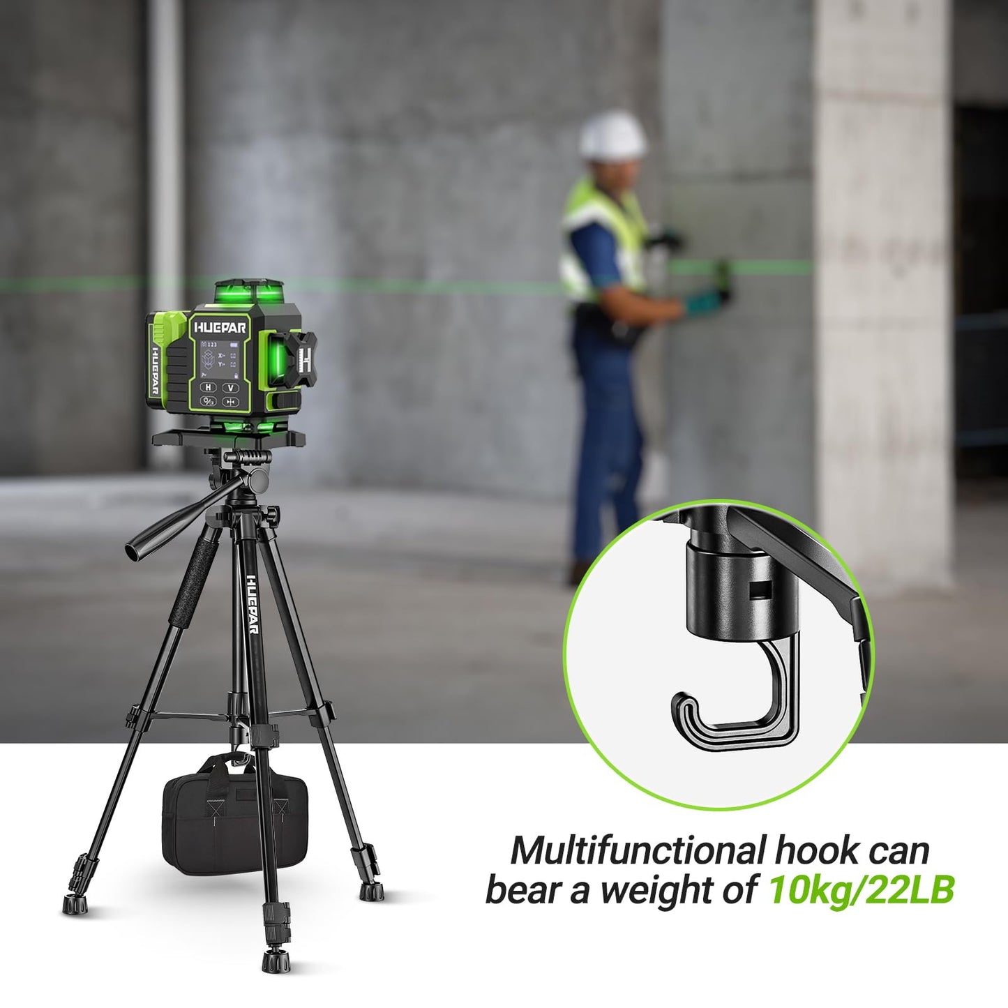 Huepar Professional Laser Level Tripod, 60 Inch Adjustable Laser Level Stand, Suit for Heavy Duty Laser Levels, Point Lasers, Laser Distance Measures; 1/4" & 5/8" Thread Mount, Non-Slip Feet, TPD14B