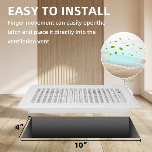 Floor Register 4x10, 4 Pack Floor Vent Covers for Home Floor Heavy Duty Steel Walkable Floor Grates Adjustable Air Vent Covers 4" x 10" Floor Vent, White