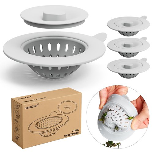 Silicone Kitchen Sink Drain Catcher with Lid, 4 Pack Grey Strainers for 3.1–3.9 Inch Openings, Anti-Clog Reusable Sink Stopper Covers, Odor-Proof & Easy to Clean
