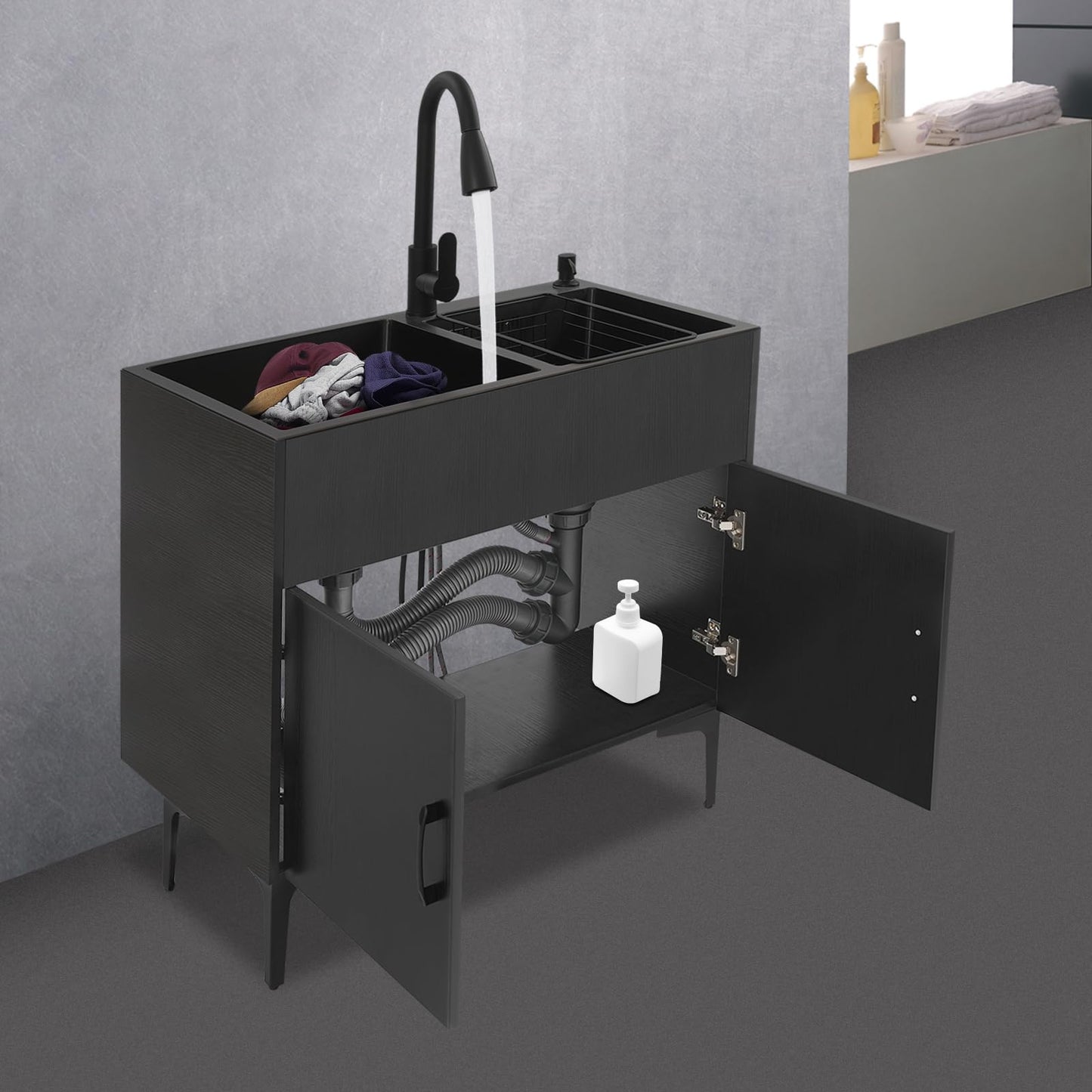 sjcdicnj All-in-One Utility Sink & Cabinet, 31-inch Freestanding Kitchen Sink Cabinet Stainless Steel Laundry Cabinet with 360° Faucet for Laundry Room, Garage, Mudroom (Black)