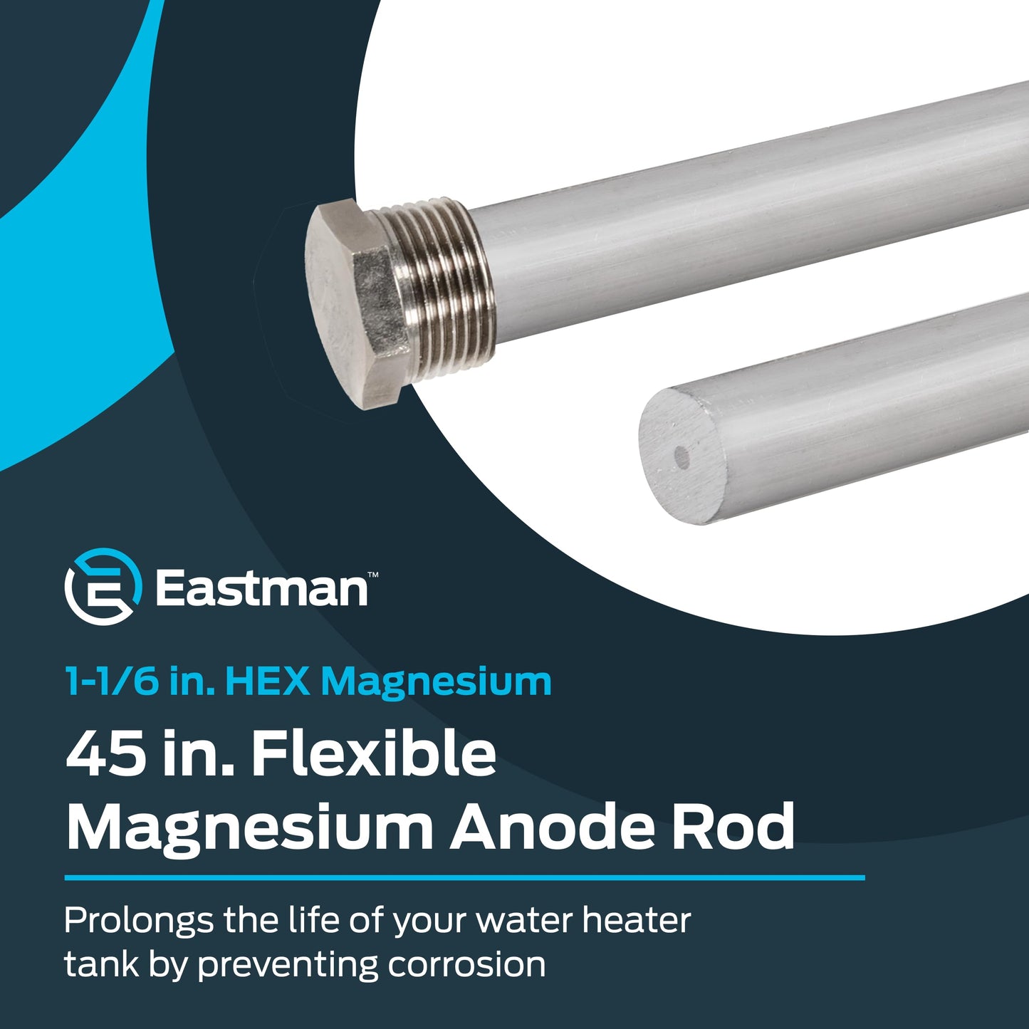 Eastman 45 Inch Flexible Magnesium Anode Rod, 1-1/6 Inch Hex Head, Chrome, 60296