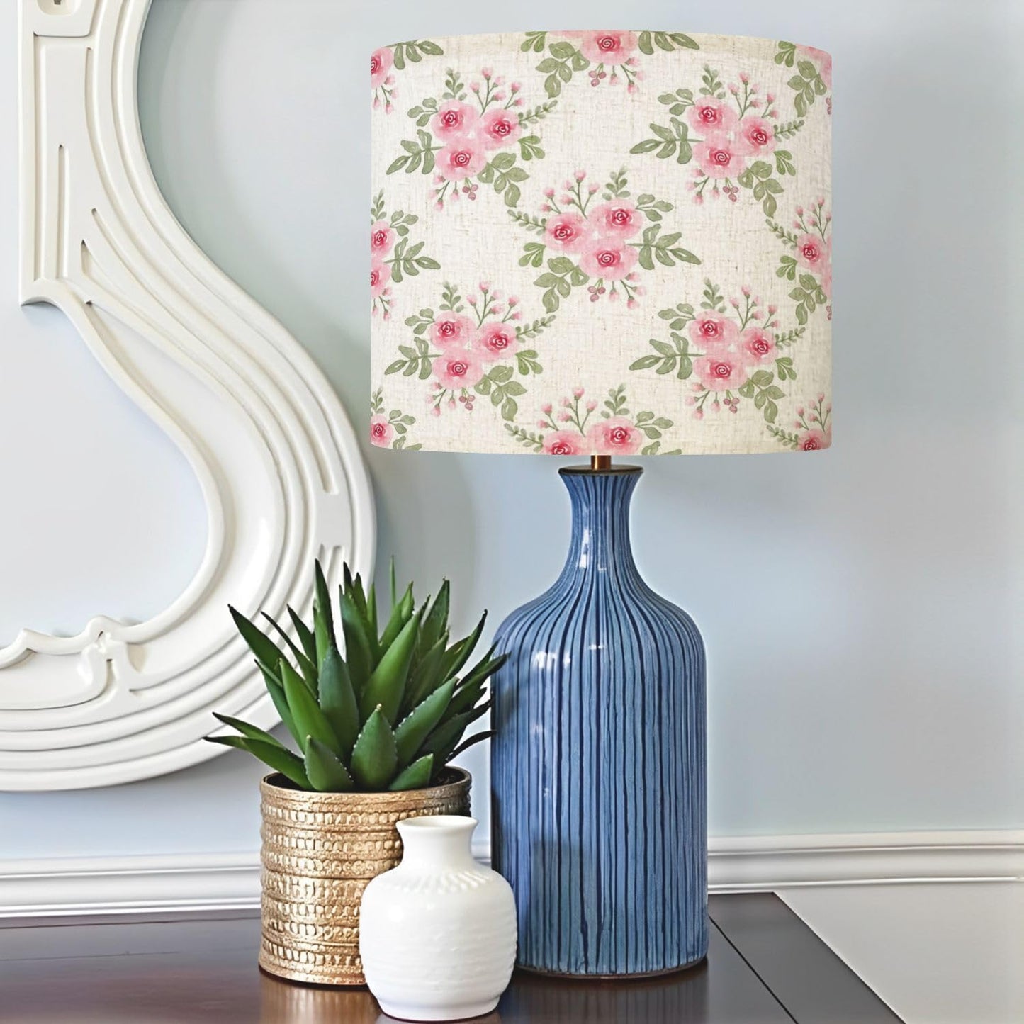 Boho Drum Lamp Shades - 11" x 11" x 8.9" Flower watercolor seamless white Replacement Natural Linen Lampshades for Table Lamps, Floor Lamps Easy Assembly