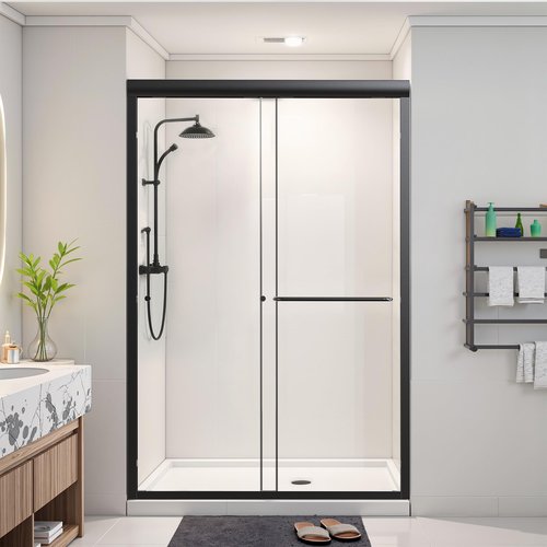 Osparple Shower Door 40-48" W x 72" H Semi-Frameless Double Sliding Shower Doors Glass Shower Door with 1/4" (6mm) Clear SGCC Tempered Glass, Towel Rail and Auxiliary Handle, Matte Black