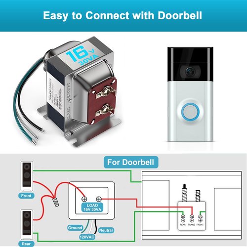 16V 30VA Doorbell Transformer for Ring Video Doorbells, Compatible with Ring, Nest Hello, Wyze and Eufy Video Doorbells, Power Supply for Nest, Ecobee, Sensi and Honeywell Thermostat